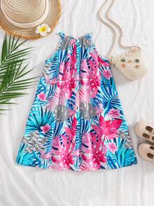 SHEIN 少女无袖碎花休闲雪纺连衣裙 - 綠色 - 查看 7