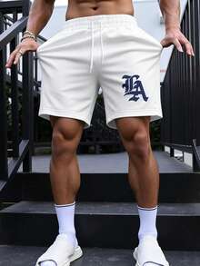 Manfinity Campus Court Men's Casual Letter Print Drawstring Shorts, Summer - White - View 1