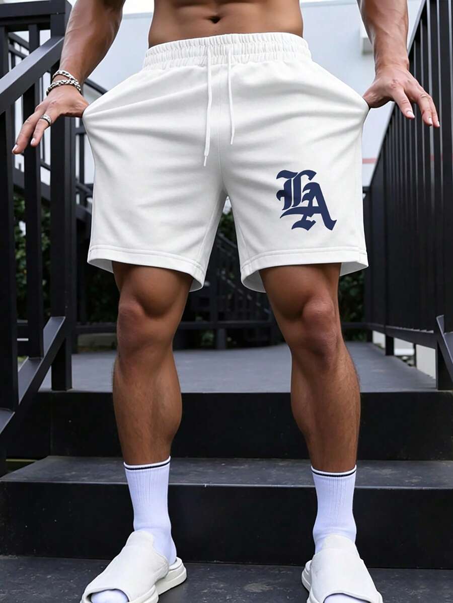 Manfinity Campus Court Men's Casual Letter Print Drawstring Shorts, Summer - White - View 1
