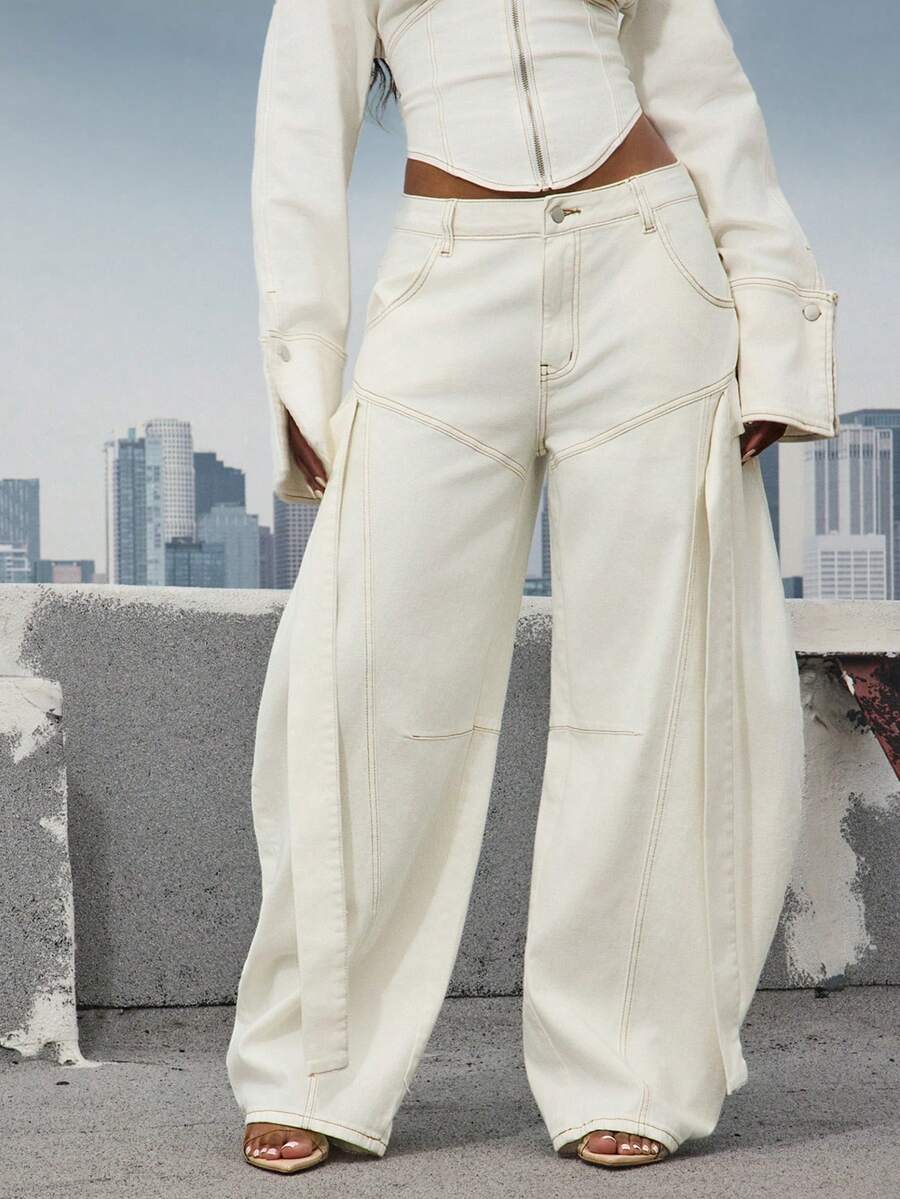 Denimoi 阔腿桶形牛仔裤 个性牛仔裤 时尚桶形牛仔裤 时尚牛仔裤 - 白色 - 查看 1