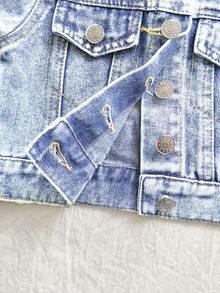 Vintaside Kids 女婴牛仔外套，新款上市，休闲可爱，浅蓝色牛仔布，返校季必备，蝴蝶结装饰，水洗效果，翻领，宽松版型，柔软舒适的纯棉牛仔面料，日常穿搭，外出，上学，聚会，春夏皆宜 - 淺色水洗藍 - 查看 6