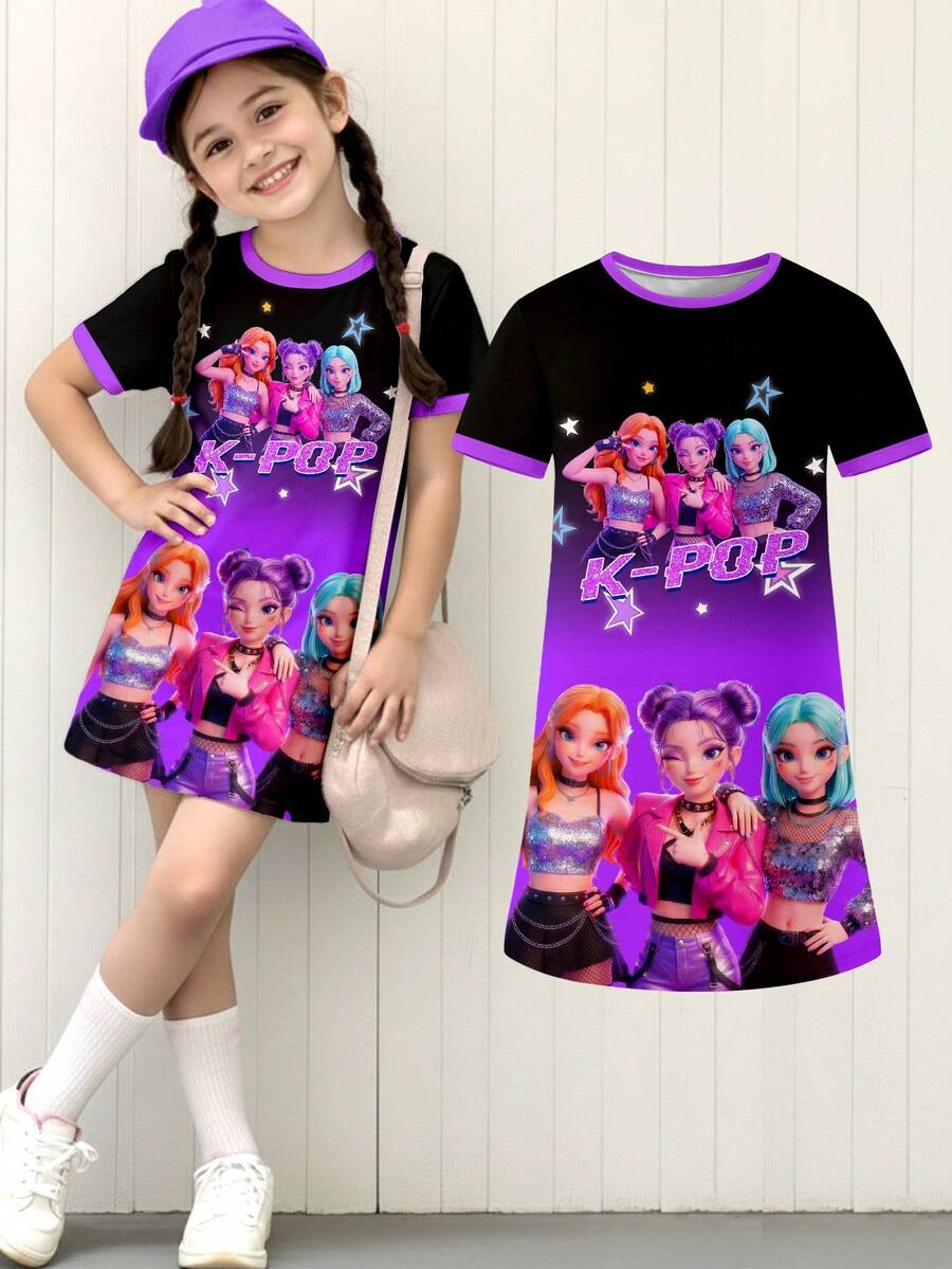 Đầm thun in kỹ thuật số họa tiết ombre tím đen SS26 dành cho nhóm nhạc nữ thần tượng, kiểu dáng thời trang thường ngày phù hợp cho mùa xuân/hè. - Màu Hồng Tươi - Xem 1