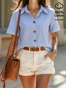 EMERY ROSE Camisa básica de algodón de manga corta con rayas para mujer, verano - Azul y blanco - Ver 1