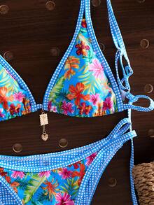 Swim Vcay 女士夏季新款热带植物花卉印花双面挂脖露背比基尼套装，适合海滩、游泳、度假 - 彩色 - 查看 7