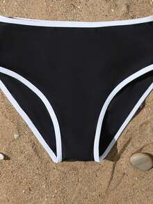 SHEIN 少女条纹比基尼套装，休闲两件式泳衣，三角泳裤设计，适合度假、海滩、夏季穿着。 - 黑色 - 查看 4