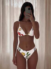 Swim Vcay 女款白色兩件式比基尼套裝，夏季休閒度假派對，紋理印花掛脖綁背沙灘泳衣兩件套 - 彩色 - 查看 1