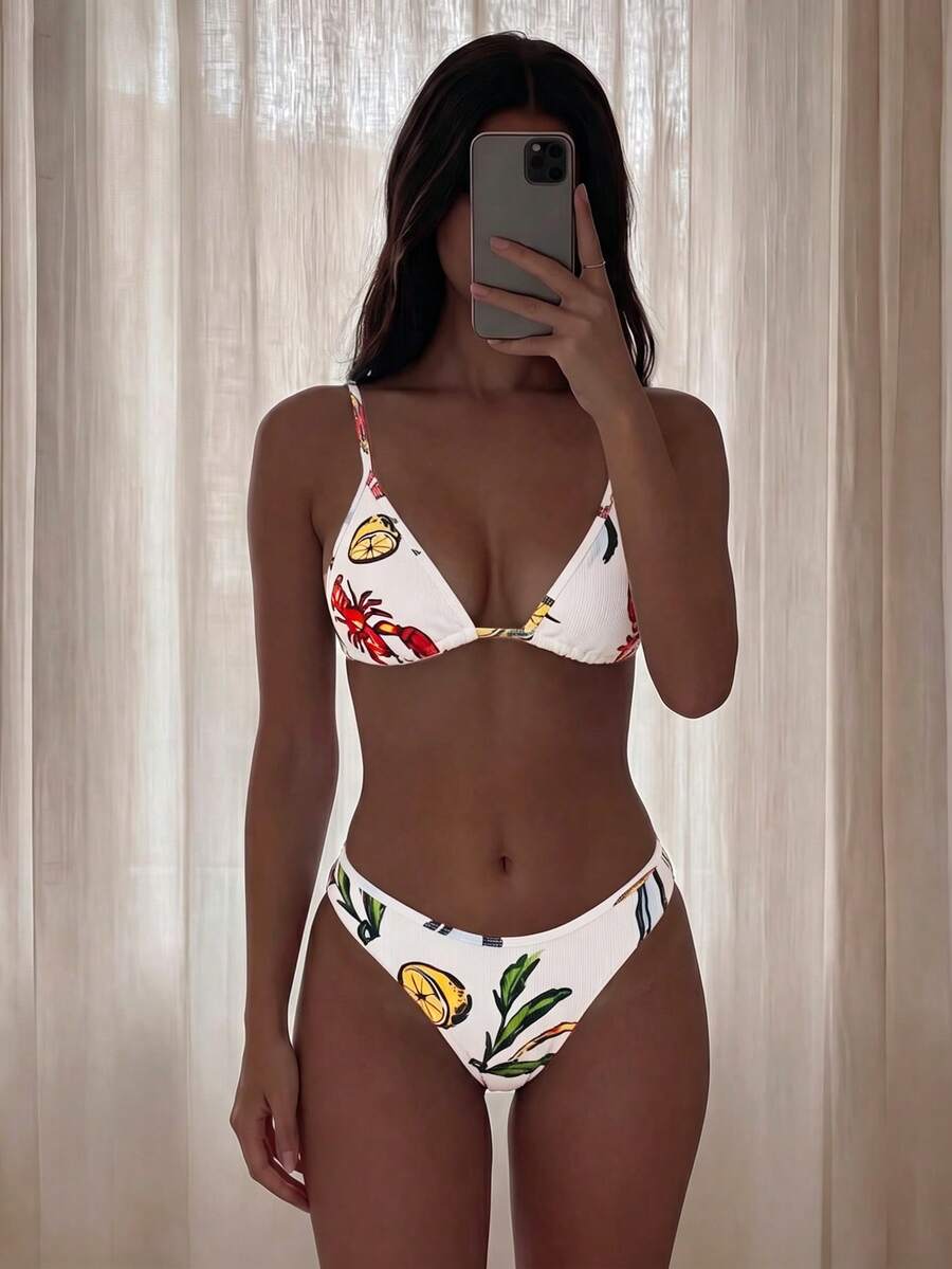 Swim Vcay 女款白色兩件式比基尼套裝,夏季休閒度假派對,紋理印花掛脖綁背沙灘泳衣兩件套 - 彩色 - 查看 1