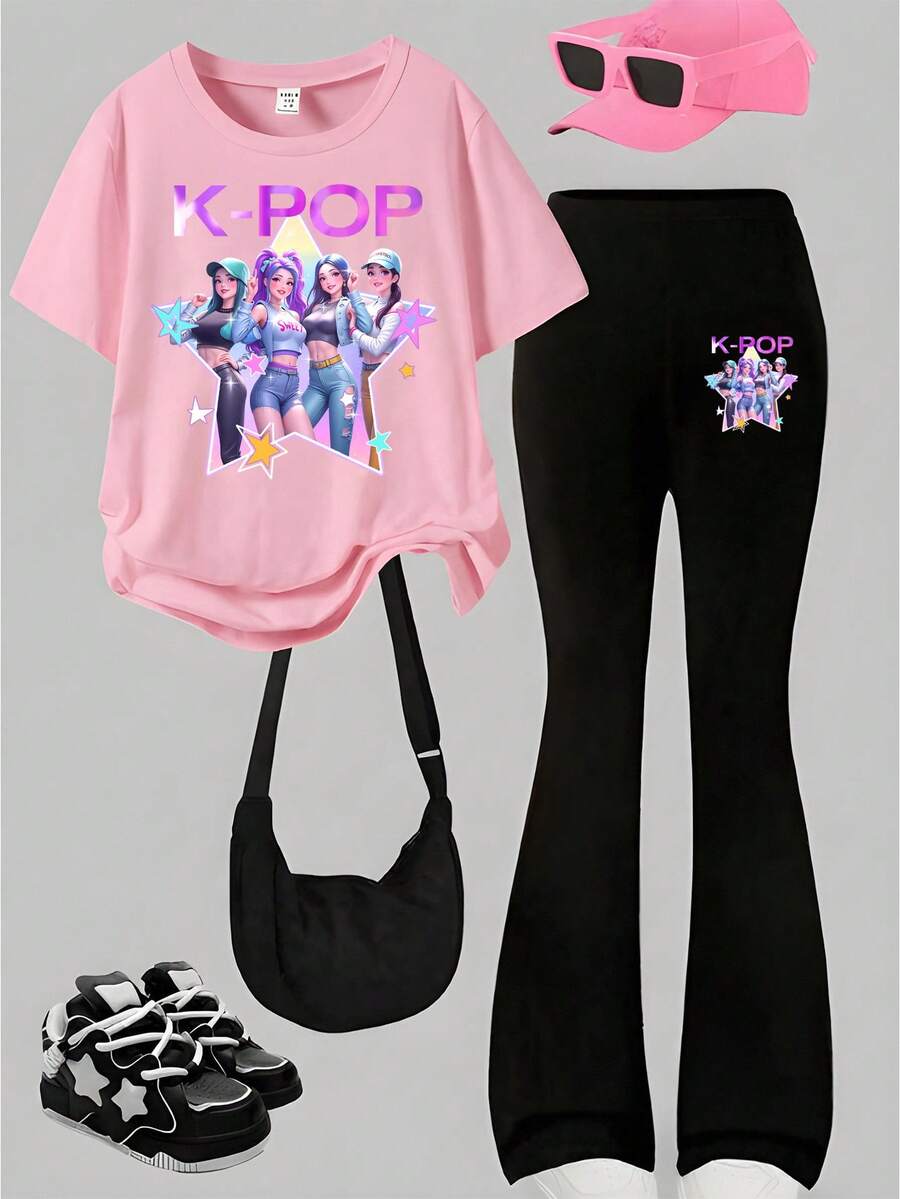 夏季可爱女童T恤套装,亮色偶像女团图案T恤,渐变紫粉色“K-POP”字样闪亮点缀,粉色T恤,黑色裤子,休闲时尚 - 黑與白 - 查看 1