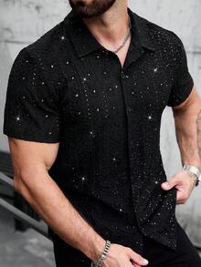 SLATEMANN 男士黑色條紋休閒短袖襯衫，閃亮鏤空設計，優雅夜店晚宴，水鑽亮片閃耀上衣，夏季 Y2K 復古風 - 黑色 - 查看 6