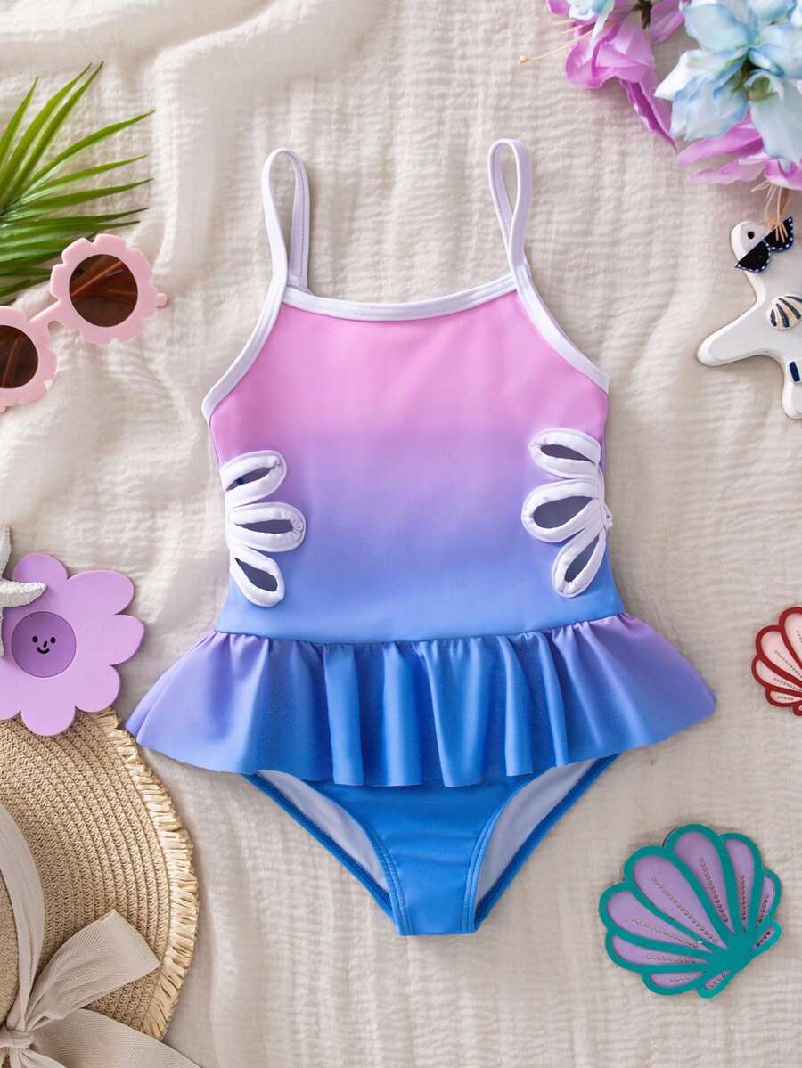 SHEIN 女童渐变针织连体泳衣,适合女孩的连体泳衣,适合年轻女孩的泳装 - 彩色 - 查看 1