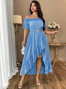 SHEIN Clasi Women's Solid Woven Off Shoulder Ruffled Asymmetrical Waist Tied Dress, Summer - Baby Blue - View 3
