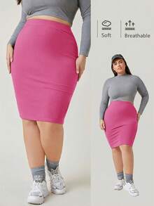 SHEIN BASICS 大码女式纯色休闲百搭通勤半身裙 - 玫紅色 - 查看 7
