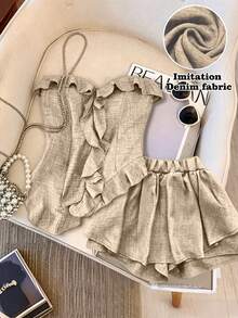 SHEIN Tall CURVE Plus Size 2-Piece Set With Ruffled Decor, Strapless Crop Top And Skirt, Sweet & Cool Style, Blue Color - Khaki - View 1