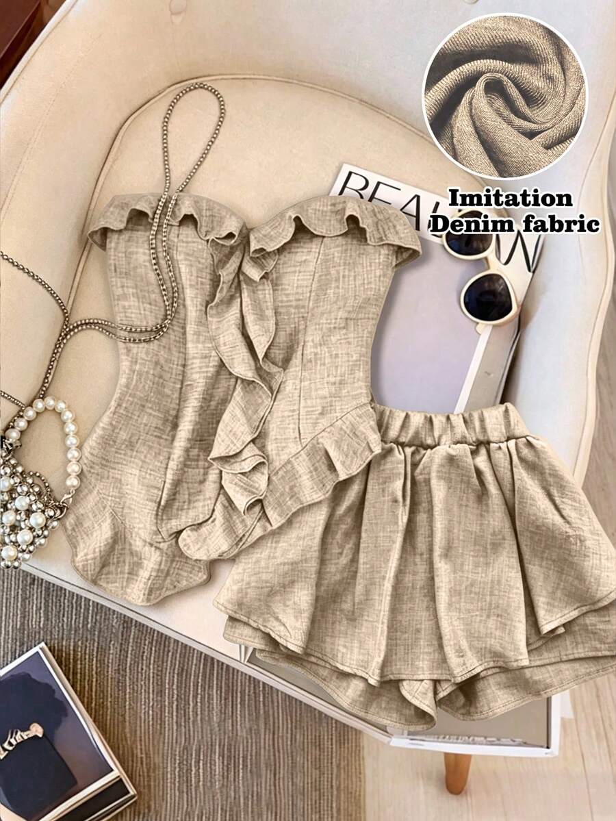 SHEIN Tall CURVE Plus Size 2-Piece Set With Ruffled Decor, Strapless Crop Top And Skirt, Sweet & Cool Style, Blue Color - Khaki - View 1