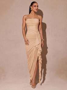 Silquee 优雅浪漫的鼠尾草绿荷叶袖高开衩连衣裙，蕾丝紧身派对礼服，适合情人节、约会、婚礼宾客、舞会等场合。 - 卡其色 - 查看 3