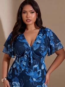 SHEIN BAE Plus Size Women Purple Floral Ruffle Sleeve Dress - Blue - View 6