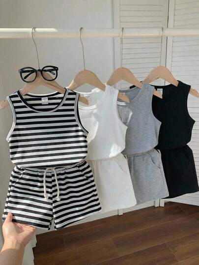 SHEIN 4pcs Young Boys' Casual Comfortable Tank Top, Suitable For Spring & Summer