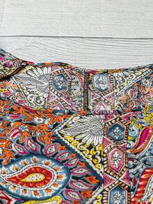 Linhara Plus Size Women's Round Neck All-Over Print Casual Versatile Daily Wear Shirt - Red - View 6