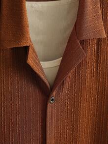 Core Aspect Men's Solid Color Short Sleeve Single-Breasted Casual Shirt Brown Beach Shirt Shirts For Men Casual Vintage Outfit For Men/Men's Casual Brown Collared Short Sleeve Shirt With Unique Textured Fabric For A Modern Look/Short Sleeve Shirt Men/Brown Casual Shirt - Brown - View 3