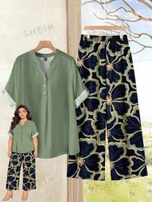Rusticease Plus Size Women's Casual Vacation Notched Neck Roll Tab Sleeve Loose Top And Floral Print Wide Leg Loose Pants Set, Spring/Summer/Autumn - Multicolor - View 1