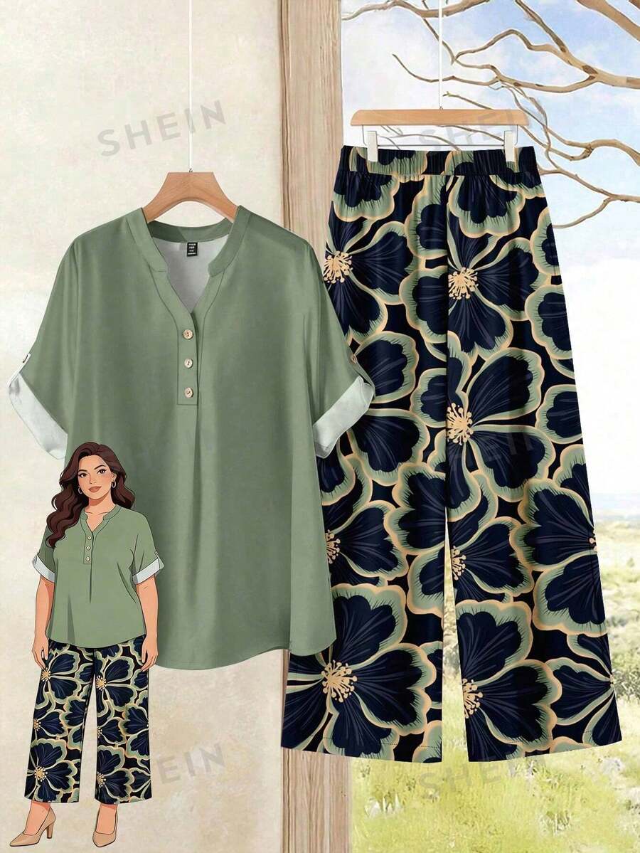 Rusticease Plus Size Women's Casual Vacation Notched Neck Roll Tab Sleeve Loose Top And Floral Print Wide Leg Loose Pants Set, Spring/Summer/Autumn - Multicolor - View 1