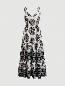 Franclia Women's Summer Clothing. Elegant, Resort-Style, Casual Printed Shoulder Straps, V-Neck, Slim-Fit, Long Dress. Perfect For Beach, Sandy Shores, Greek Towns, And Festive Occasions. - Multicolor - View 4