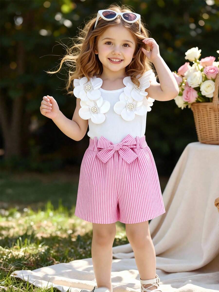 SHEIN Elladie kids 女童(小号)碎花吊带连体裤,蓝白相间,甜美舒适,配大碎花腰带,夏季休闲女童装 - 粉色 - 查看 1