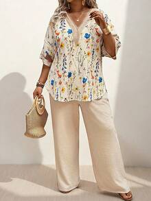 Momelise Plus Size Summer Women's Floral Printed Lace Mesh Sleeve Top And Pants Two Pieces Set,Summer Vacation Casual Two Pieces Set Gym Brown - Apricot - View 4
