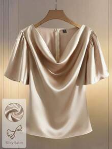Modelyn Plus Size Solid Color Minimalist Daily Wear Draped Neck Short Sleeve Shirt - Champagne - View 2