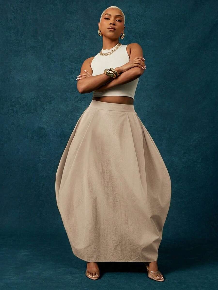 Vixey Saia longa verde-oliva de cintura alta com modelagem balonê - Caqui - Ver 1