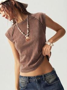Bohemela Solid Color Knit Crew Neck Fitted Washed T-Shirt For Women - Rust Brown - View 3