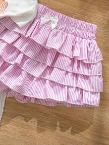 Emery Rose Kids Emery Rose Kids 两件套女童针织纯色贝壳图案圆领休闲T恤和荷叶边短裤套装 - 彩色 - 查看 4