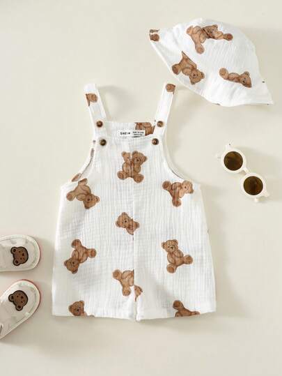 2件套婴儿男女童夏季小熊印花柔软面料背带裤和渔夫帽套装，居家、外出、海滩休闲装