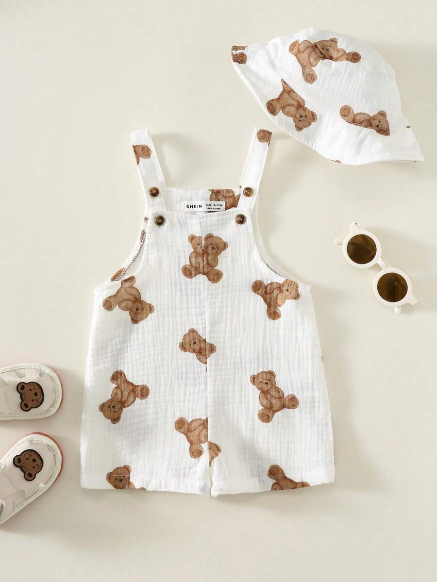 Bộ 2 món cho bé trai/bé gái, gồm yếm và mũ tai bèo in hình gấu, chất liệu vải mềm mại, thích hợp mặc ở nhà, đi chơi hoặc đi biển. - Nhiều màu - Xem 1