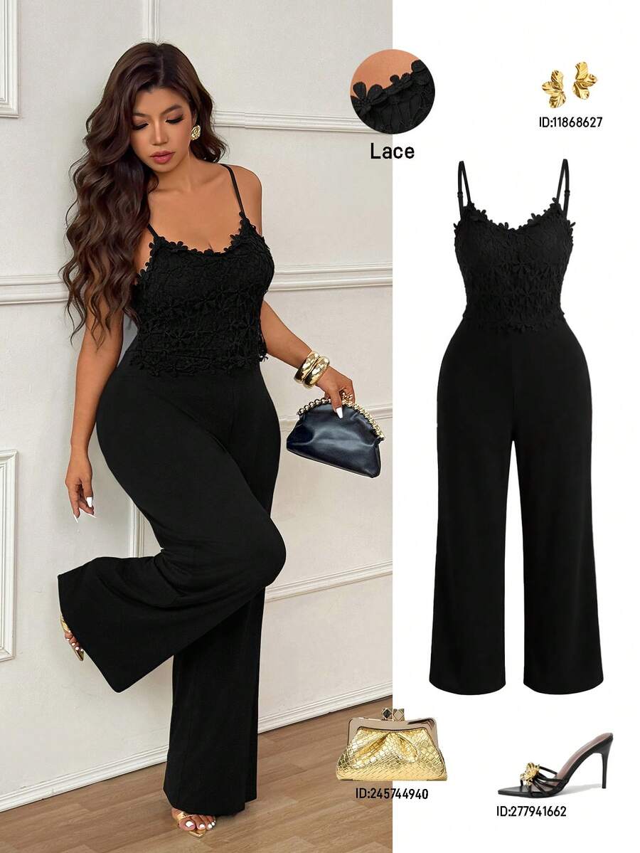 Femmeverse Plus Size Women Elegant Jumpsuit With Applique Decor - Black - View 1