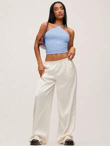 SHEIN BASICS 女款休閒素色極簡主義掛脖背心上衣，夏季上衣夏季服飾 - 淺藍色 - 查看 5