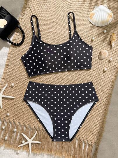 SHEIN Tween Girls Tankini Swimsuit, Black & White Polka Dot Knit Fabric, Adjustable Straps & Back, 2 Pieces Swimwear Set, Fashionable Casual Elegant Design, Suitable For Swimming, Summer Vacation, Beach, Pool Bikini Sets Polka Dot Polka Dot Swimwear Bathing Suits Polka Dot Poka Dots Bathing Suit Cheap Bathing Suits
