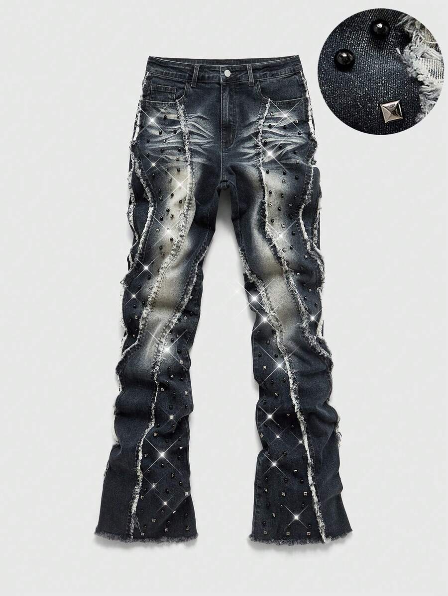 ROMWE MEN Street Life Men's Rivet Decor Layered Frayed Hem Casual Jeans - Grey - View 1