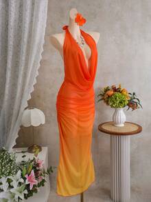 Swim SXY 女士渐变印花垂褶领口系带腰部褶皱网纱沙滩长裙，夏季 - 橘色 - 查看 5