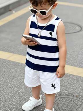 SHEIN Playful Pals Set de 2 piezas con parte superior de tirantes con estampado de logo y pantalones cortos con estampado de logo, estilo casual a rayas, adecuado para verano al aire libre, para niño pequeño