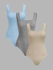 SHEIN BASICS 3件套休闲纯色针织露肩连体衣（女款） - 彩色 - 查看 5