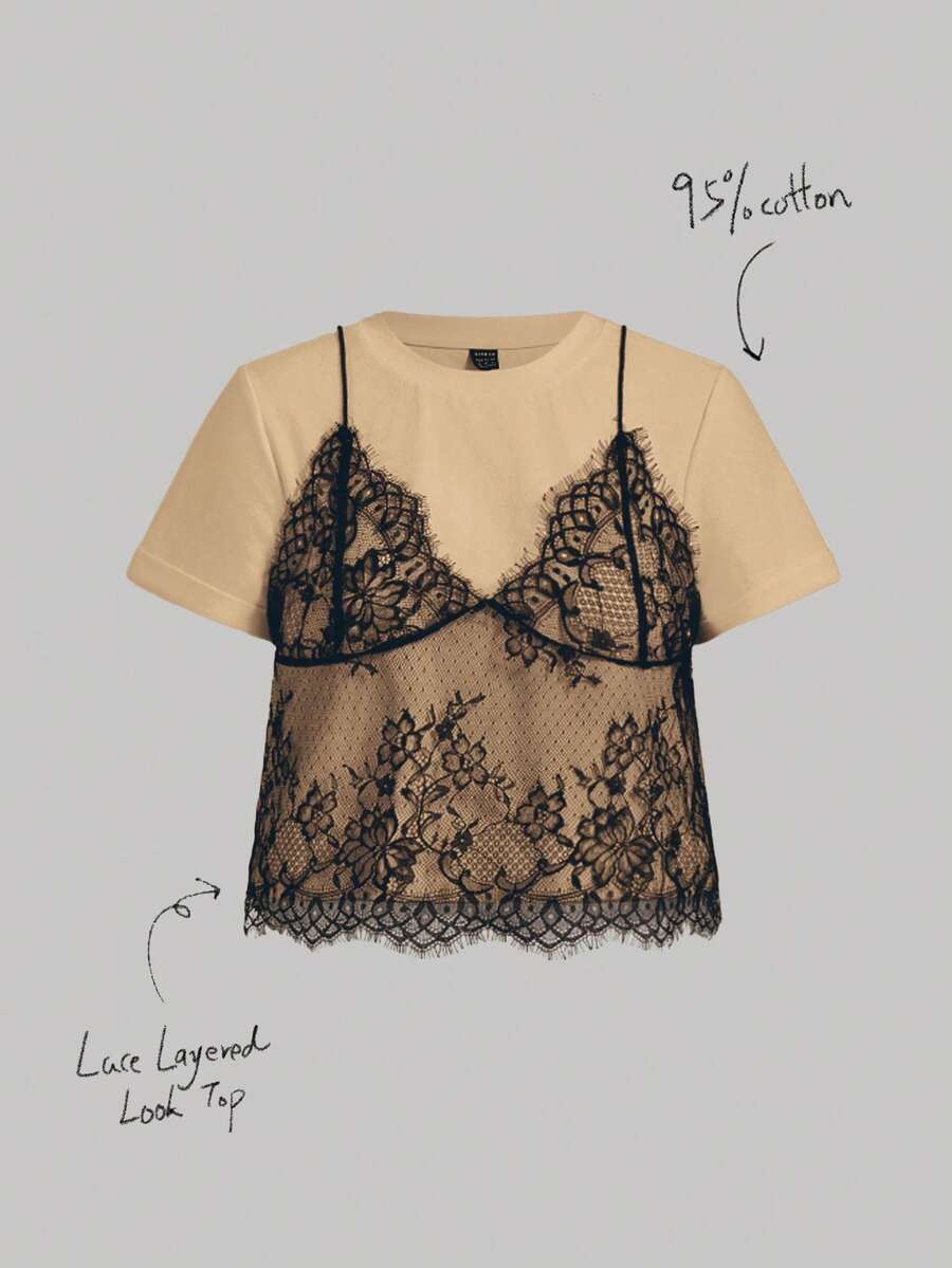 SHEIN MOD Áo thun croptop cổ tròn phối ren 2 trong 1 màu mơ hè 95% - Màu be - Xem 1