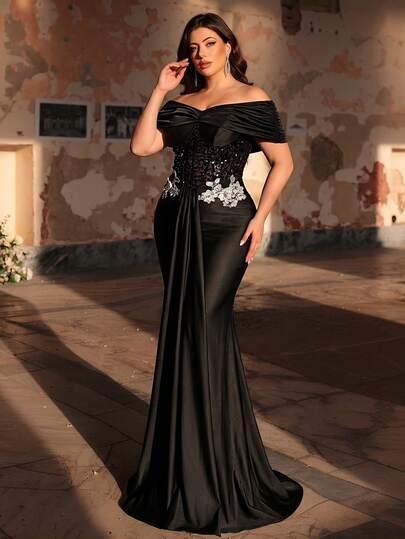 Aureia Đầm maxi dáng đuôi cá dài tay, sang trọng, màu đen đính cườm và sequin, chất liệu co giãn, cỡ lớn, phù hợp cho đám cưới, tiệc tùng, kỳ nghỉ, dạ hội và các sự kiện trang trọng.