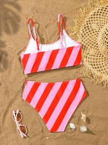 Tween Girls Striped Bikini Sets, Casual Polyester Triangle Swimsuit For Summer Vacation, Beach, Holiday - Red - View 2