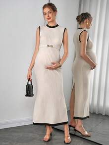 Momance Sleeveless Round Neck Maternity Dress With Metal Waist Buckle, Fitted Silhouette, Back Slit, Color Blocking - Apricot - View 7