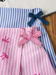 SHEIN LMoss Kids 女童条纹蝴蝶结装饰短裤 - 彩色 - 查看 4