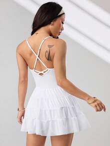 With My Calm Damklänning med volangkant och fickor i enfärgad linne - Vitt - Visa 2