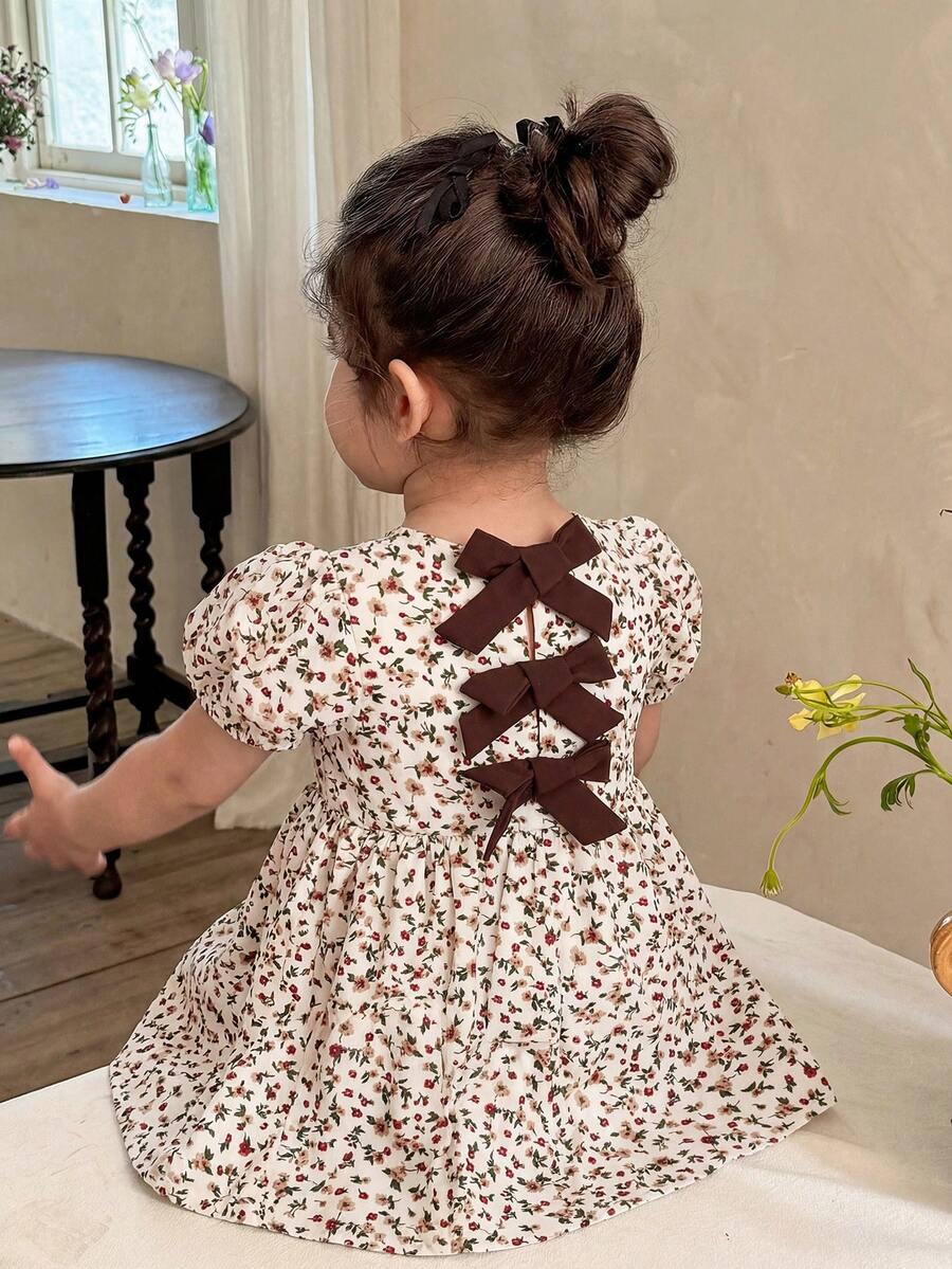 LMoss Kids Baby Girl Ditsy Floral Round Neck Puff Sleeve Fitted Casual Dress - Multicolor - View 1