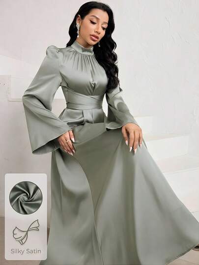 Veilorie Women's Solid Color Stand Collar Lantern Sleeve Elegant Arabian Dress Women Formal Party