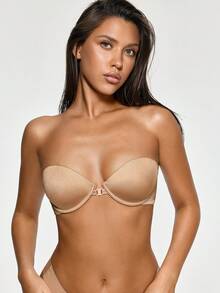 SHAPORA 1pc Apricot Front-Clasp Underwire Padded Slip-Resistant Removable Strap Bra For Women - Apricot - View 2